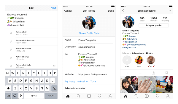 Instagram ora consente agli utenti di collegarsi a diversi hashtag e altri account dal bios del proprio profilo.