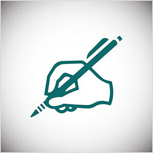 Questa è un'illustrazione al tratto verde acqua di una mano che scrive con una matita. Seth Godin si esercita a scrivere quotidianamente sul suo blog.