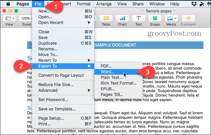 File> Esporta in> Word in Pages su Mac