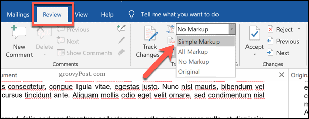 Cambiare la visualizzazione del documento nella panoramica del confronto dei documenti di Word