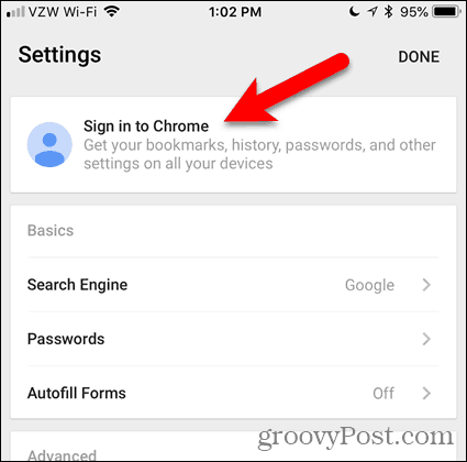 Tocca Accedi a Chrome su iOS