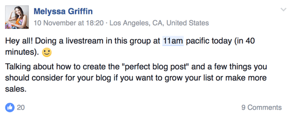 L'imprenditrice Melyssa Griffin fa sapere al suo pubblico quando sarà in diretta su Facebook.