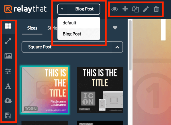 Usa il menu a sinistra per visualizzare diversi layout per il tuo progetto RelayThat e usa il menu in alto per selezionare il tuo progetto.