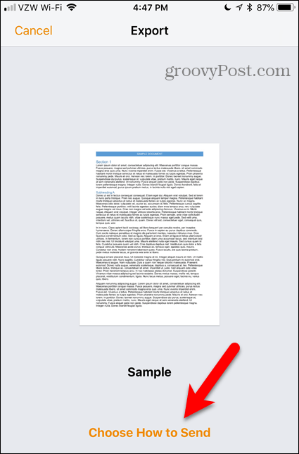 Scegli Come inviare il link in Pages per iOS