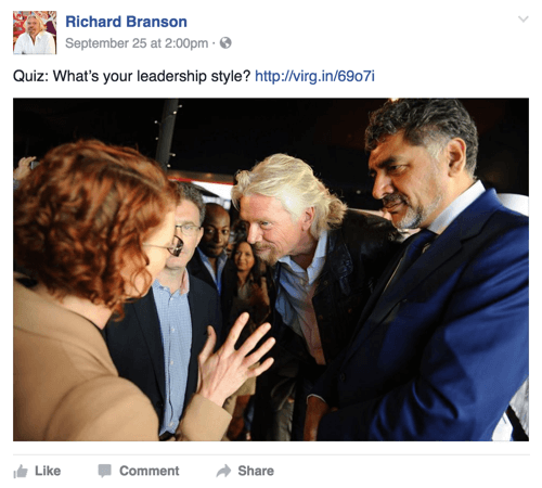 post su facebook di richard branson con quiz