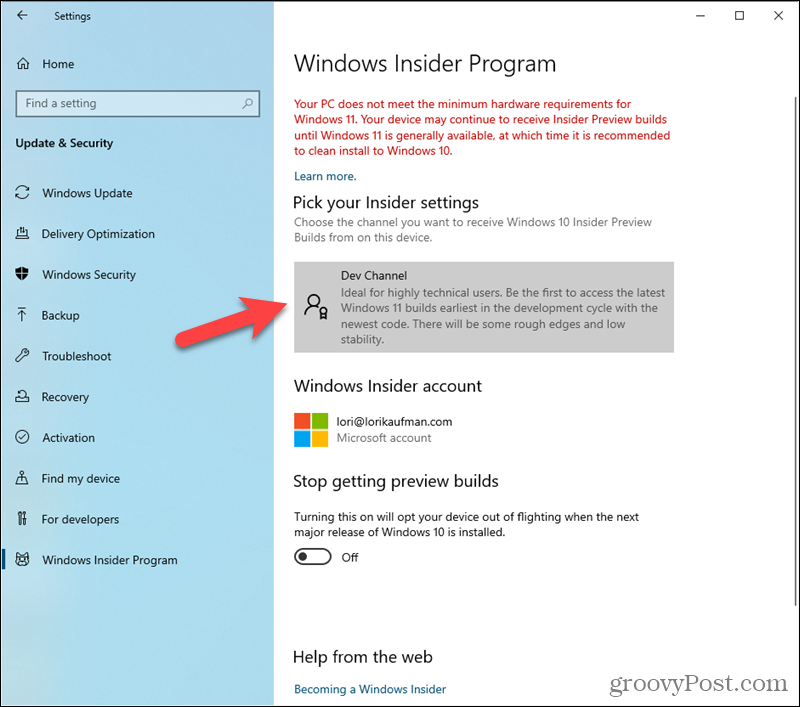 Canale di sviluppo impostato nelle impostazioni del programma Windows Insider
