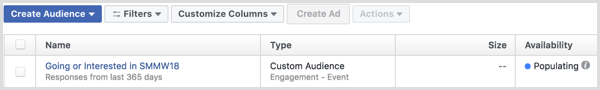 Facebook Ads Manager crea annunci con un pubblico personalizzato