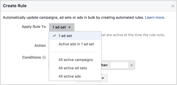 Facebook Ads Manager crea regola