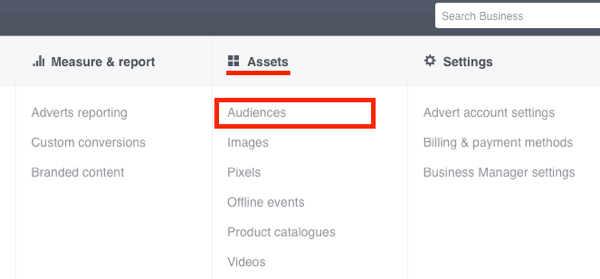 In Facebook Ads Manager, fai clic su Segmenti di pubblico nella colonna Risorse.