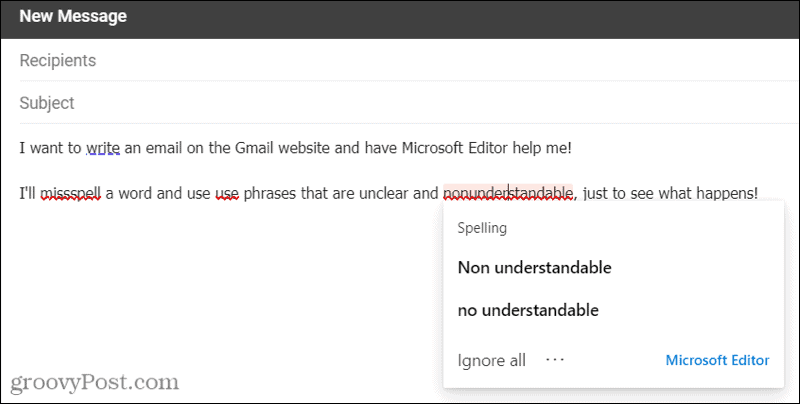 Microsoft Editor in Gmail utilizzando l'estensione Edge
