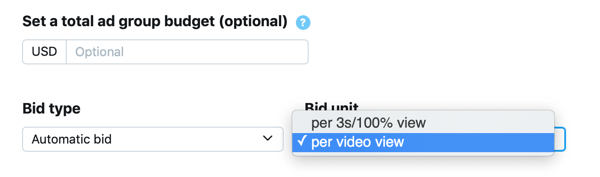 Opzione per impostare il tipo di offerta e l'unità per il tuo annuncio Twitter Visualizzazioni video sponsorizzati.