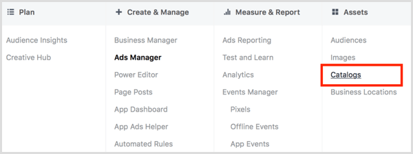 Fare clic sul collegamento Cataloghi nella colonna Risorse in Facebook Ads Manager.