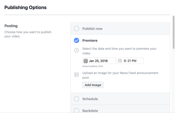 Come configurare Facebook Premiere, passaggio 5, impostazioni di pianificazione della pubblicazione