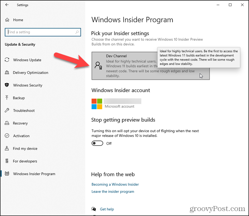 Fai clic su Dev Channel in Scegli le tue impostazioni Insider in Windows 10