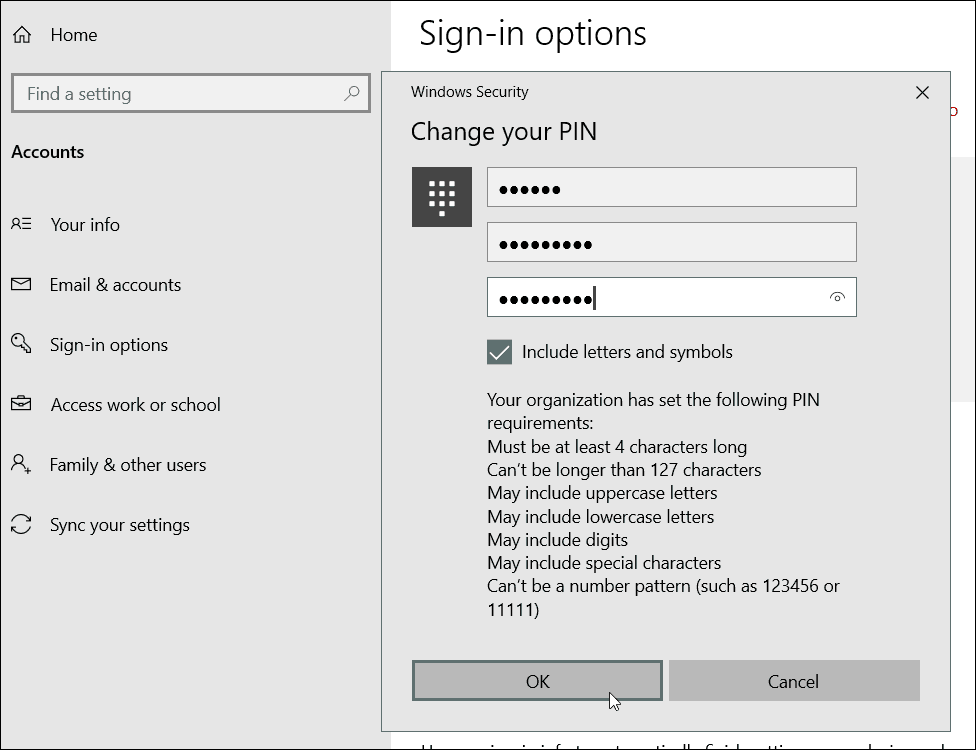 Requisiti PIN per caratteri speciali Windows 10