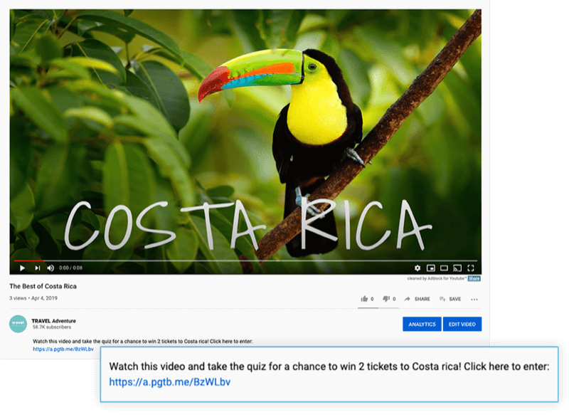 ha evidenziato la descrizione del video di YouTube con un'offerta per guardare il video e rispondere al quiz per avere la possibilità di vincere 2 biglietti per il costa rica