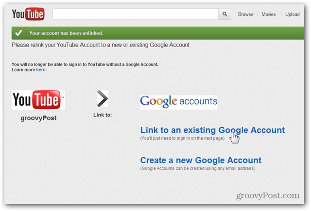 Collega un account YouTube a un nuovo account Google: fai clic su Collega all'account esistente