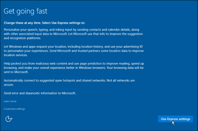 Impostazioni Express Windows 10