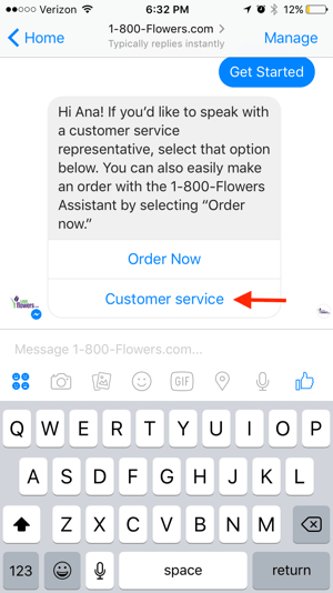 1-800-Flowers offre ai clienti la possibilità di connettersi con un agente dal vivo, che può offrire un aiuto personalizzato.
