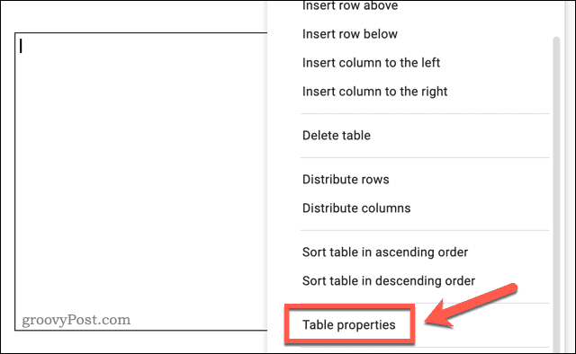 Accesso al menu delle opzioni della tabella in Google Docs