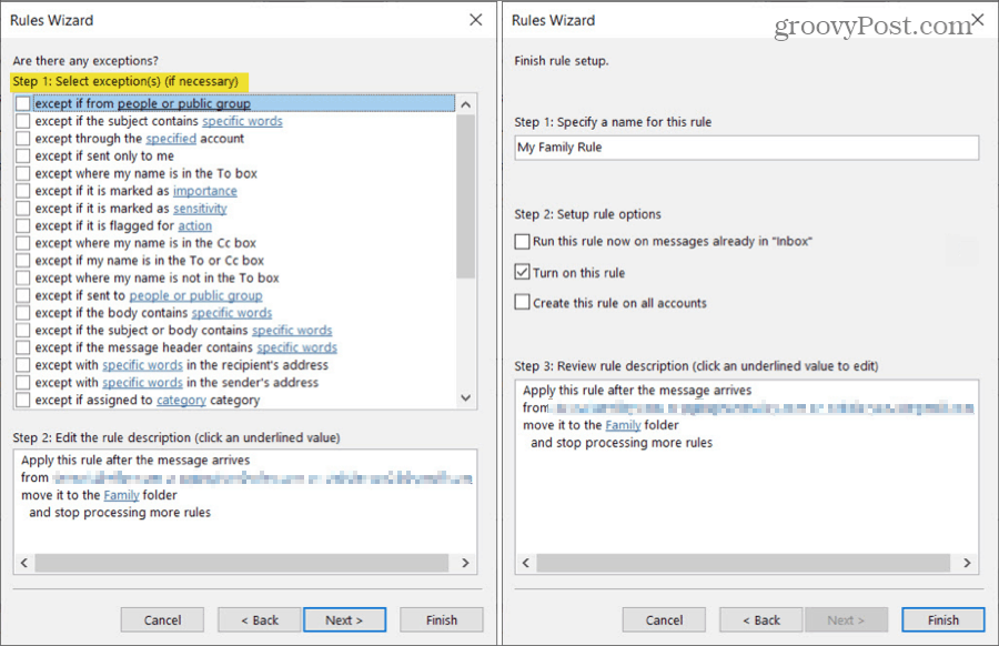 Regola di Outlook per spostare i messaggi di posta elettronica da persone con eccezioni