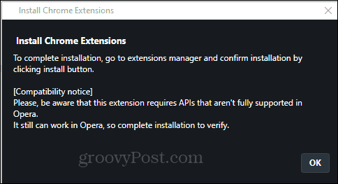 Opera Installa Chrome Extension conferma installazione
