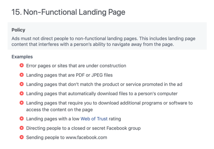Sezione della pagina di destinazione non funzionale delle politiche pubblicitarie di Facebook