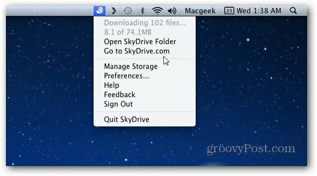 Icona SkyDrive della barra dei menu del Mac