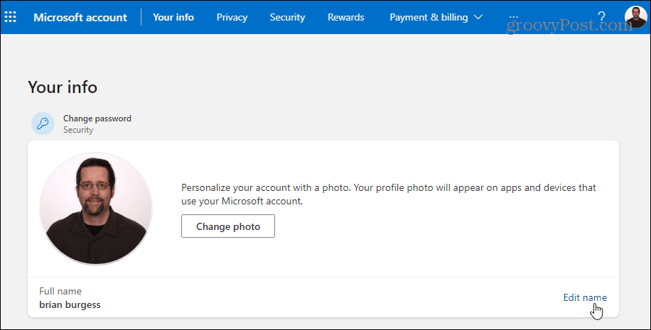Modifica nome account Microsoft
