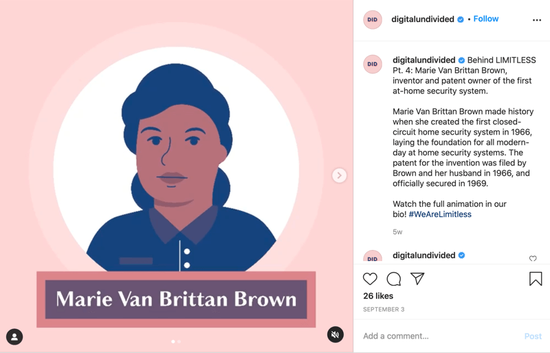 esempio di uno snippet di post mp4 condiviso su instagram che evidenzia marie van brittan brown come pt. 4 nella serie #wearelimitless