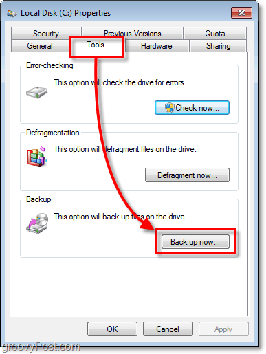 Backup di Windows 7: scheda Strumenti su Proprietà e pulsante Esegui backup adesso