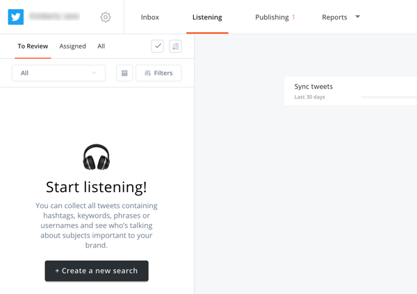 Come utilizzare Agorapulse per l'ascolto dei social media, Passaggio 2 creare una nuova ricerca nella scheda di ascolto.