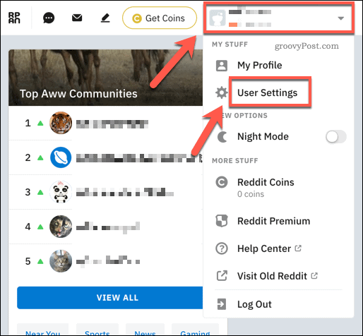 Il menu a discesa dell'account Reddit