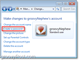 trova il prompt per aggiungere una password a un account utente di Windows 7