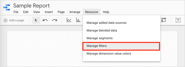 Per filtrare i dati e creare gruppi che puoi utilizzare, fai clic su Risorsa sulla barra dei menu e seleziona Gestisci filtri dal menu a discesa.
