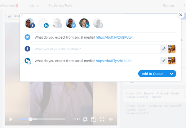 Strumenti come Buffer possono aiutarti a condividere i video di Facebook Live su più piattaforme di social media.