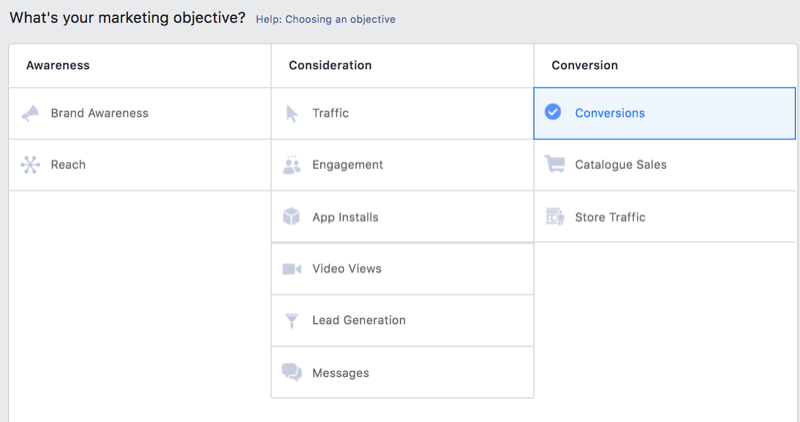 opzione nel gestore degli annunci di Facebook per selezionare le conversioni come obiettivo di marketing