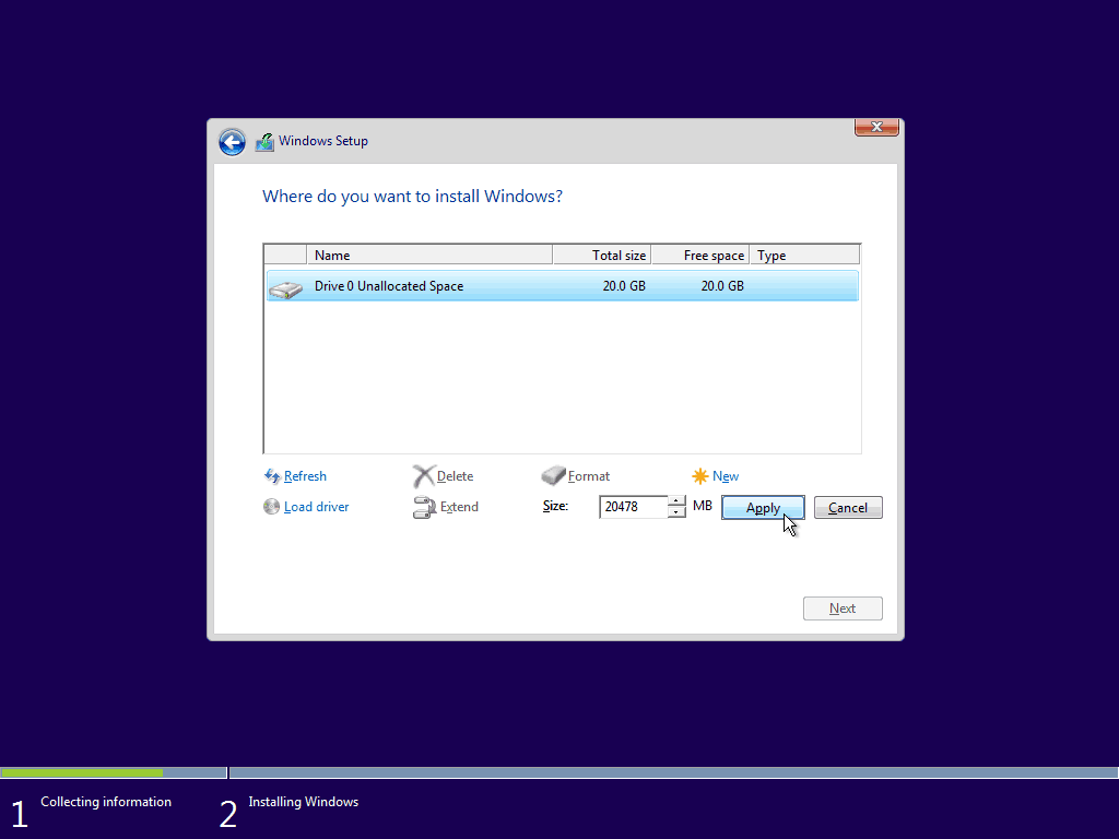 08 Utilizza lo spazio disponibile massimo Windows 10 Clean Install