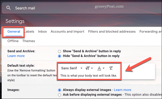 Modifica delle impostazioni predefinite dello stile del carattere in Gmail