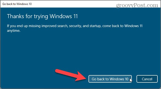 Fare clic su Torna a Windows 10