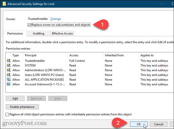 Selezionare la casella Sostituisci proprietario su subcontenitori e oggetti nella finestra di dialogo Impostazioni di sicurezza avanzate nell'Editor del registro di Windows