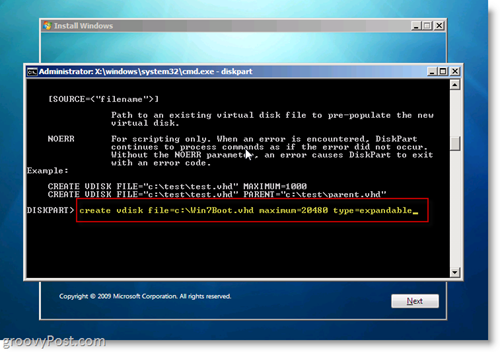 VHD nativo di Windows 7 Installa Dual Boot Crea VHD dal prompt CMD