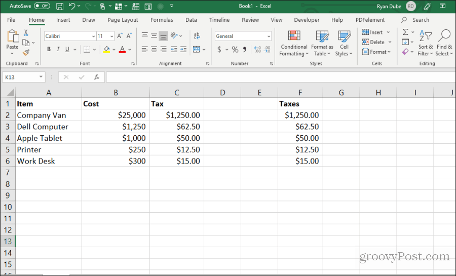 le celle della formula vengono copiate e incollate in Excel