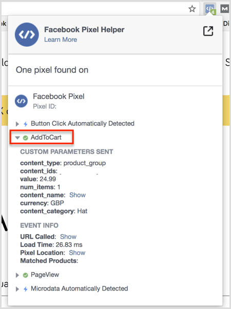 Risultati del plug-in Facebook Pixel Helper nella pagina Aggiungi al carrello