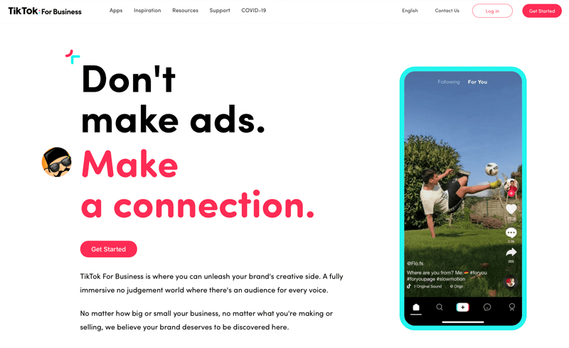 screenshot di tiktok per il business notando "non fare pubblicità. fare una connessione. 