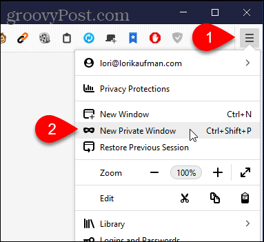 Seleziona Nuova finestra privata in Firefox per Windows