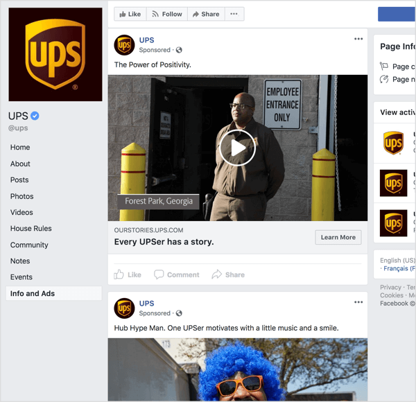 Se guardi gli annunci Facebook di UPS, è chiaro che stanno usando lo storytelling e l'appeal emotivo per costruire la consapevolezza del marchio.