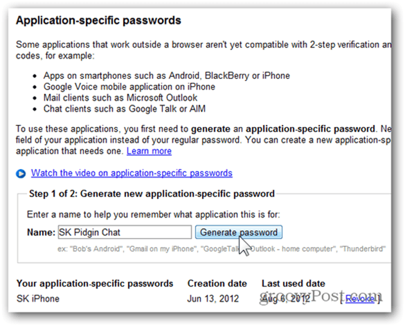 google una volta password - fai clic su genera password