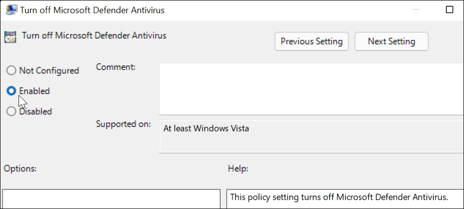 disattiva l'antivirus di Microsoft Defender
