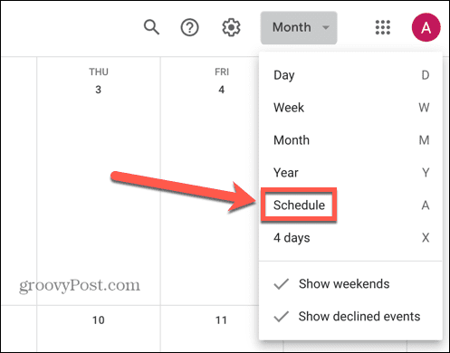 calendario di google seleziona la visualizzazione della pianificazione